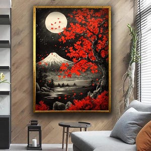 Japanischer Rotahorn Baum und Vollmond Kunstdruck - Berg Fuji Nacht Landschaft - Gelassene asiatische Natur Wand Dekoration für Zuhause oder Büro, Leinwand Kunst