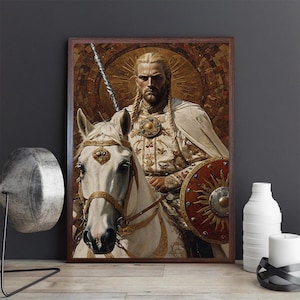 Royal Knight on Horseback Canvas Print | Medieval Fantasy Warrior Art | Intricate Gold Armor and Shield | Epic Wall Decor, Canvas Gift
