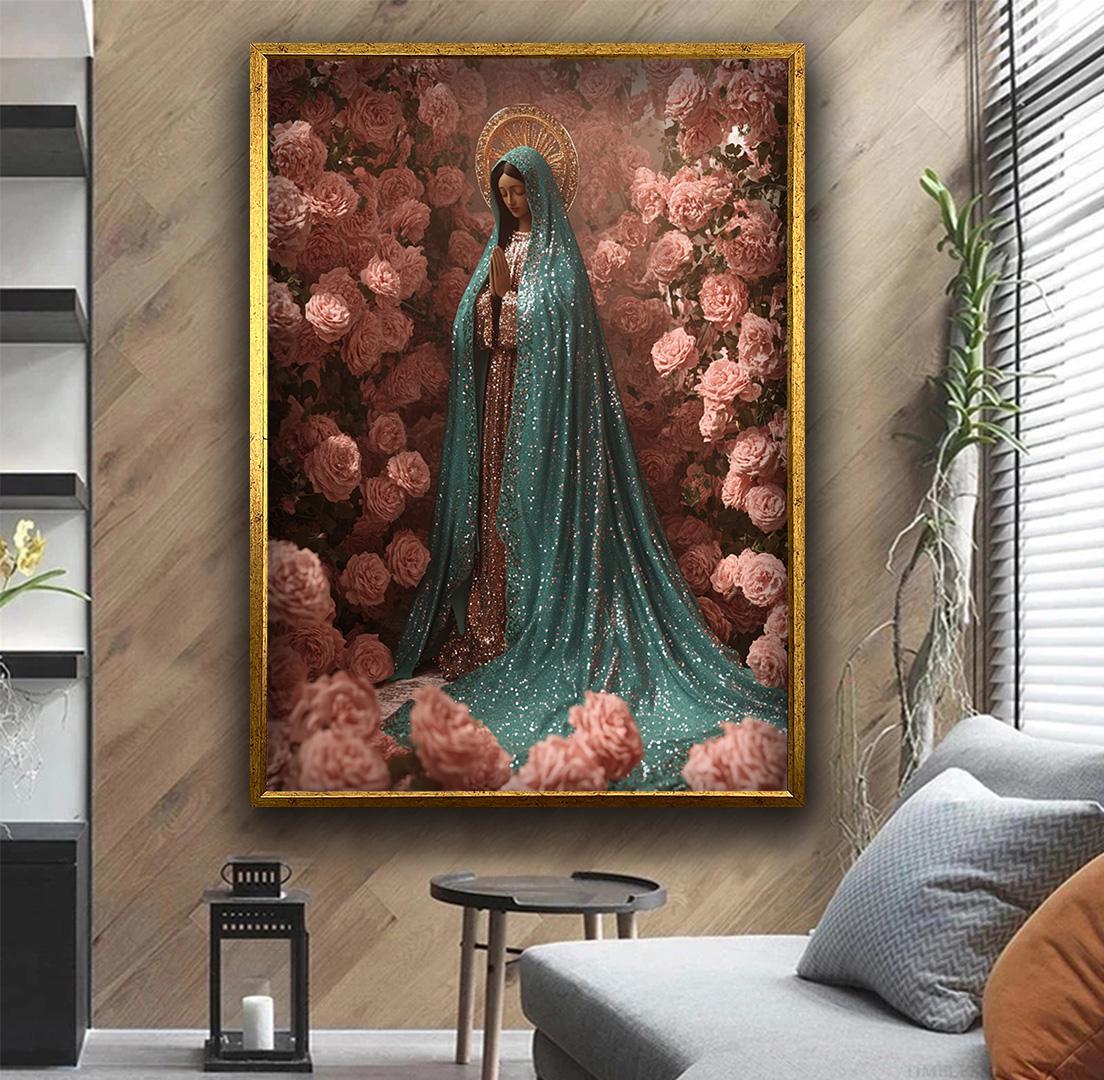 Virgin Mary in Roses Canvas Wall Decor, Virgin Mary Canvas Print, Christianity Home Decor, Ready to Hang Wall Decor, Virgin Mary Poster