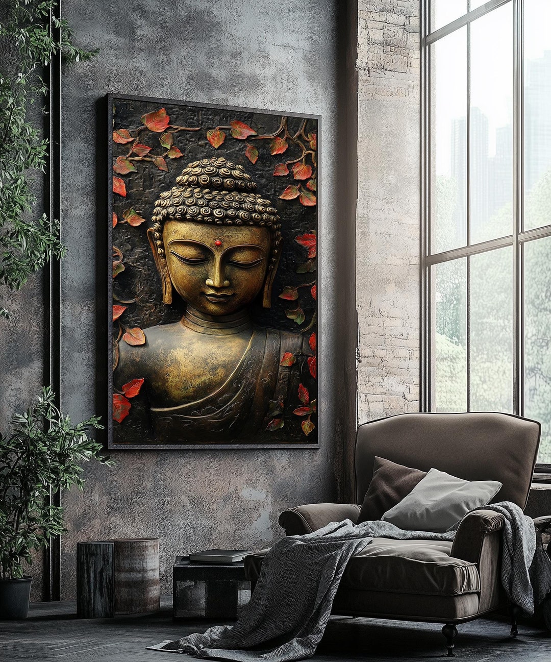 Peaceful Buddha Wall Art - Gold Meditative Canvas Print With Red ...