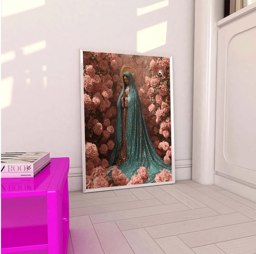 Virgin Mary in Roses Canvas Wall Decor, Virgin Mary Canvas Print, Christianity Home Decor, Ready to Hang Wall Decor, Virgin Mary Poster