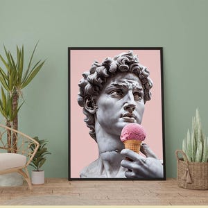Playful David Bust with Ice Cream | Michelangelo&#39;s Statue Pop Art Canvas Print | Modern Renaissance Wall Art | Fun and Whimsical Home Decor