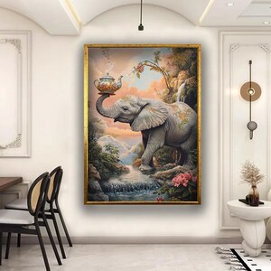 Whimsical Elephant Art with Floral Teapot | Surreal Pastel Wall Decor | Elephant with Teapot Fantasy Landscape | Unique Animal Canvas Art