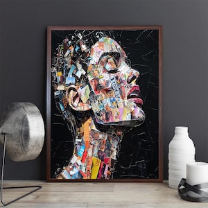 Toile de portrait collage abstrait - oeuvres d'art techniques mixtes vibrantes, oeuvres d'art colorées pour le visage en papier pour magazine, décoration murale moderne pour la maison ou le studio