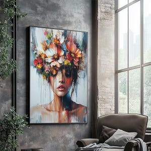 Floral Woman Canvas Art Print – Floral Abstract Woman Portrait, Emotional Wall Art, Colorful Abstract Woman Modern Living Room Decor