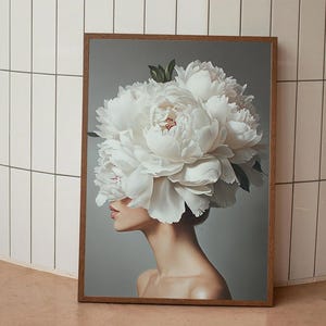 Elegant Woman with White Peonies Floral Headpiece Canvas Print - Surreal Minimalist Wall Art - Modern Home Decor for Bedroom or Living Room