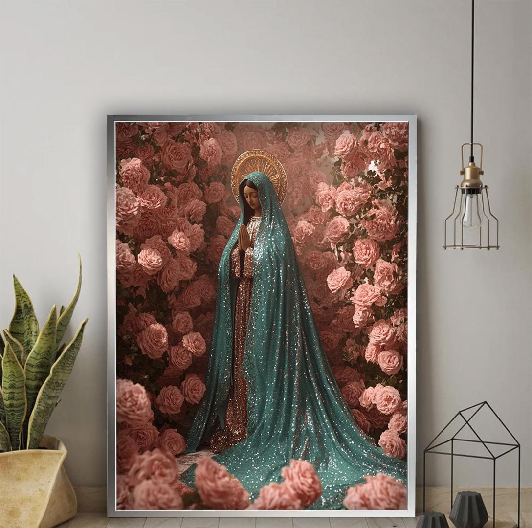 Virgin Mary in Roses Canvas Wall Decor, Virgin Mary Canvas Print, Christianity Home Decor, Ready to Hang Wall Decor, Virgin Mary Poster