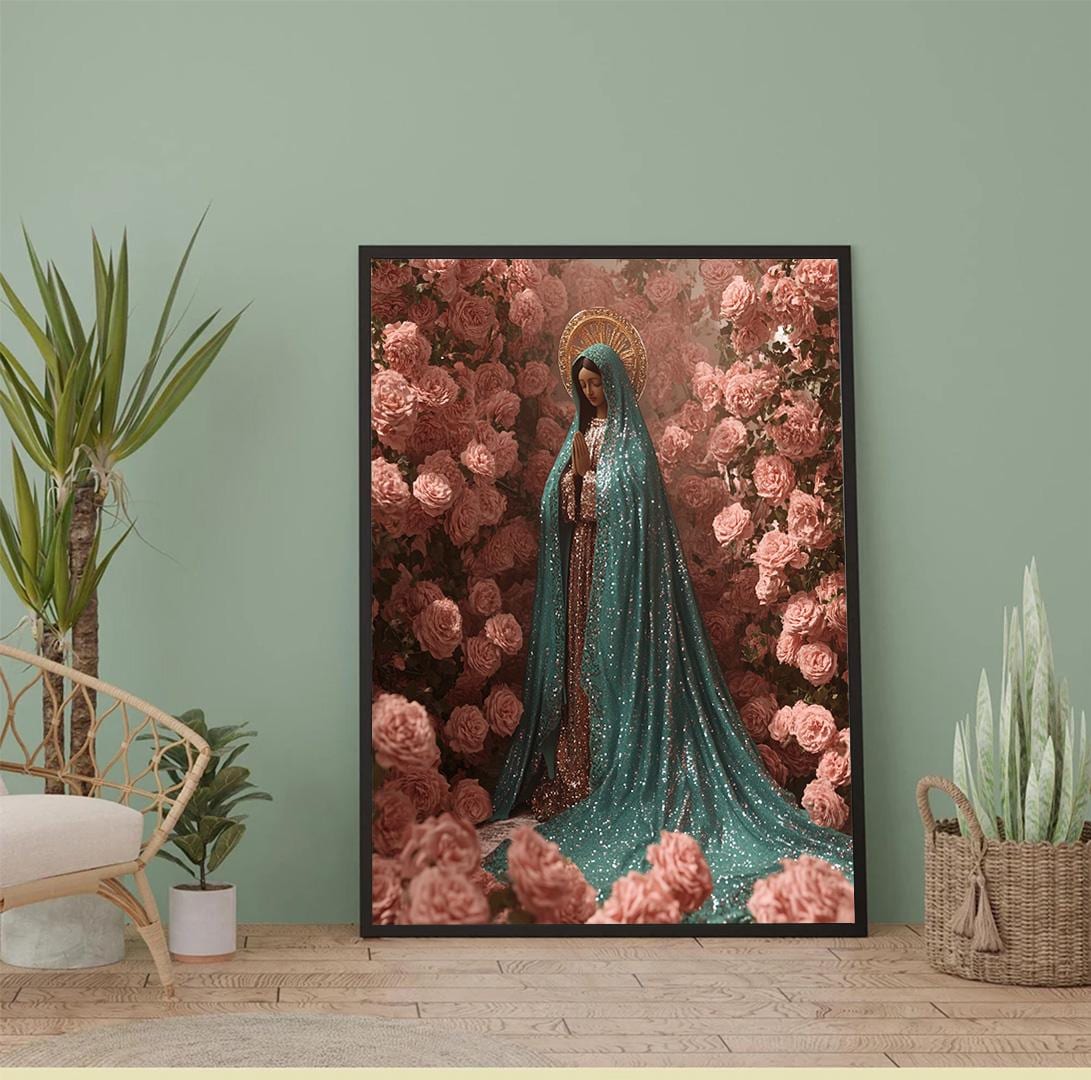 Virgin Mary in Roses Canvas Wall Decor, Virgin Mary Canvas Print, Christianity Home Decor, Ready to Hang Wall Decor, Virgin Mary Poster