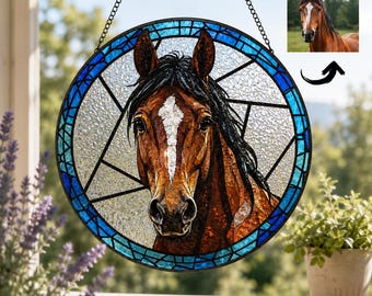 Custom Photo Horse Stained Glass Suncatcher, Personalized Horse Portrait Window Decor