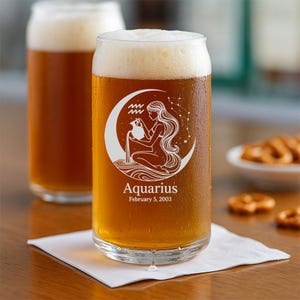 Aquarius Zodiac Glass | Etched Water Bearer Icon Whiskey Wine Beer Glass – Personalized Gift for Astrology Lovers