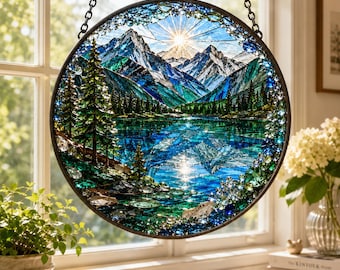 Crystal Mountain Lake Stained Glass Suncatcher, Mountain Landscape Window Hanging, Nature Glass Decor