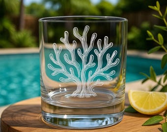 Coral Glass | Personalized Etched Ocean-Inspired Whiskey, Wine & Beer Glassware | Beach House Gift | Coastal or Tropical Bar Decor