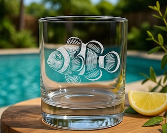 Clownfish Glass | Personalized Etched Ocean Whiskey, Wine & Beer Glassware | Aquarium Gift | Tropical or Coastal Bar Decor