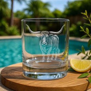 Longhorn Glass | Personalized Etched Western Ranch Whiskey, Wine & Beer Glassware | Rustic Cowboy Gift | Texas Cattle Bar Decor