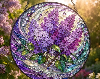Personalized Lavender Flower Glass Suncatcher, Round Floral Window Decor, Nature Inspired Hanging Ornament