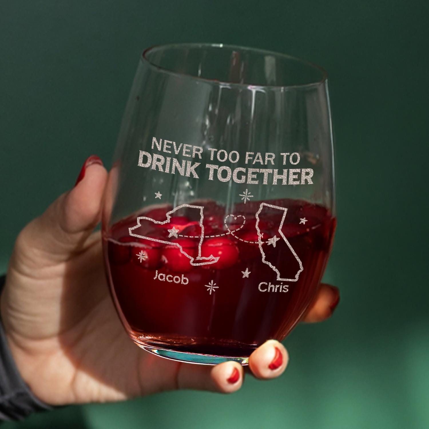 Never Too Far To Drink Together - Family Personalized Custom Whiskey Glass - Gift For Family Members