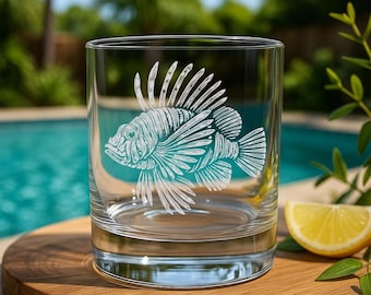 Lionfish Glass | Personalized Etched Ocean Reef Whiskey, Wine & Beer Glassware | Exotic Marine Gift | Tropical Sea Bar Decor