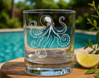 Octopus Glass | Personalized Sea Creature Whiskey, Wine & Beer Glassware, Nautical Ocean Lover Gift, Etched Coastal Bar Decor