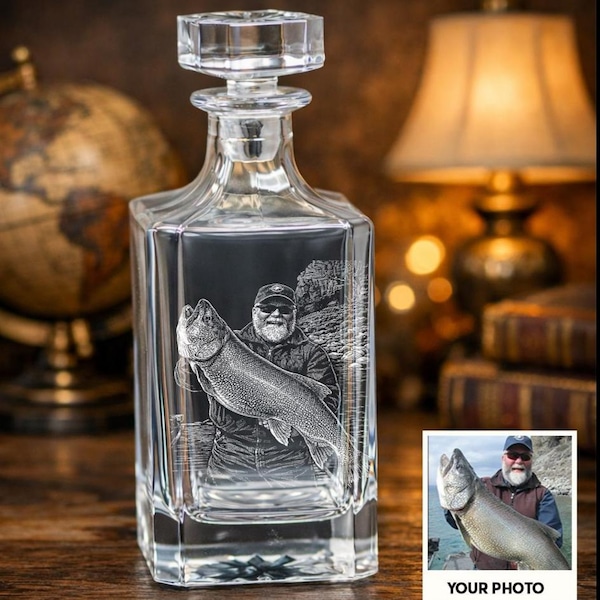 Custom Photo Fishing Decanter Gift for Dad, Personalized Whiskey Decanter Set, Custom Photo Whiskey Glass, Fisherman Gift, Father’s Day Gift