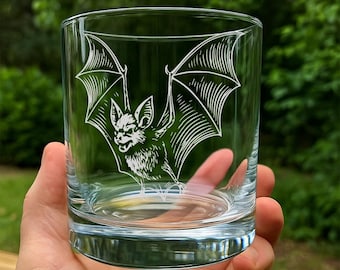 Bat Glass | Etched Flying Bat Silhouette Whiskey Wine Beer Glass – Gift for Gothic Style Fans, Halloween Lovers, and Night Creature Admirers