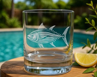Tuna Fish Glass | Personalized Etched Saltwater Game Fish Whiskey Wine Beer Glassware | Fisherman Gift | Ocean or Nautical Bar Decor