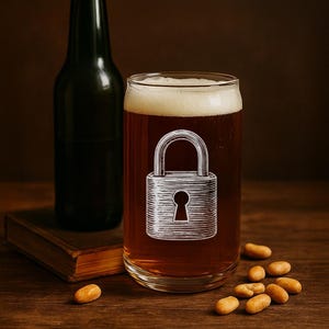 May include: A beer glass filled with amber liquid and white foam, featuring a white etched padlock design. A dark green bottle and a small book are behind the glass. Several peanuts are scattered on the wooden surface.