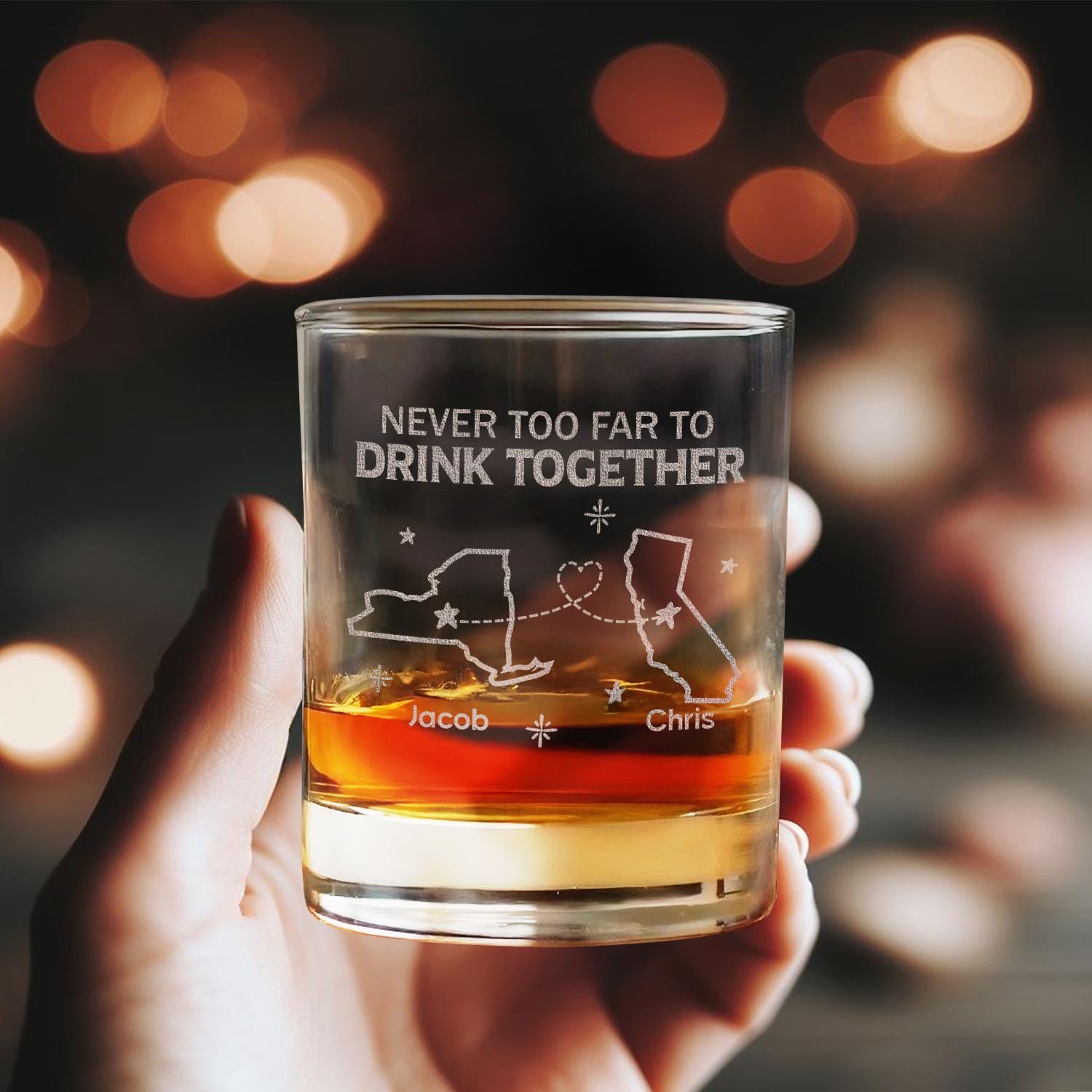 Never Too Far To Drink Together - Family Personalized Custom Whiskey Glass - Gift For Family Members main image 1