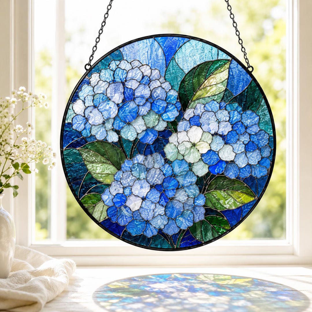 Hydrangea Window Display Hydrangea Flower Stained Glass Suncatcher, Floral Window Panel ...