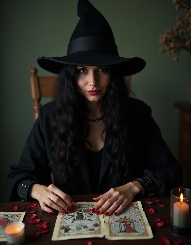 May include: A woman wearing a black witch's hat and a black blazer sits at a table with a book of tarot cards open in front of her. There are two lit candles and red rose petals scattered on the table.