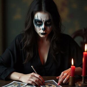 May include: A person with dramatic face paint and dark clothing sits at a wooden table, holding a pen and surrounded by tarot cards. Two red candles with lit flames are on the right side of the table, creating a mystical atmosphere.