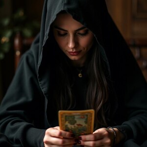 K&ouml;nnte beinhalten: Eine Person in einer schwarzen Kapuzenrobe liest Tarotkarten. Die Karten liegen auf einer dunklen Oberfl&auml;che ausgebreitet. Die Person schaut mit ernstem Gesichtsausdruck auf die Karten.