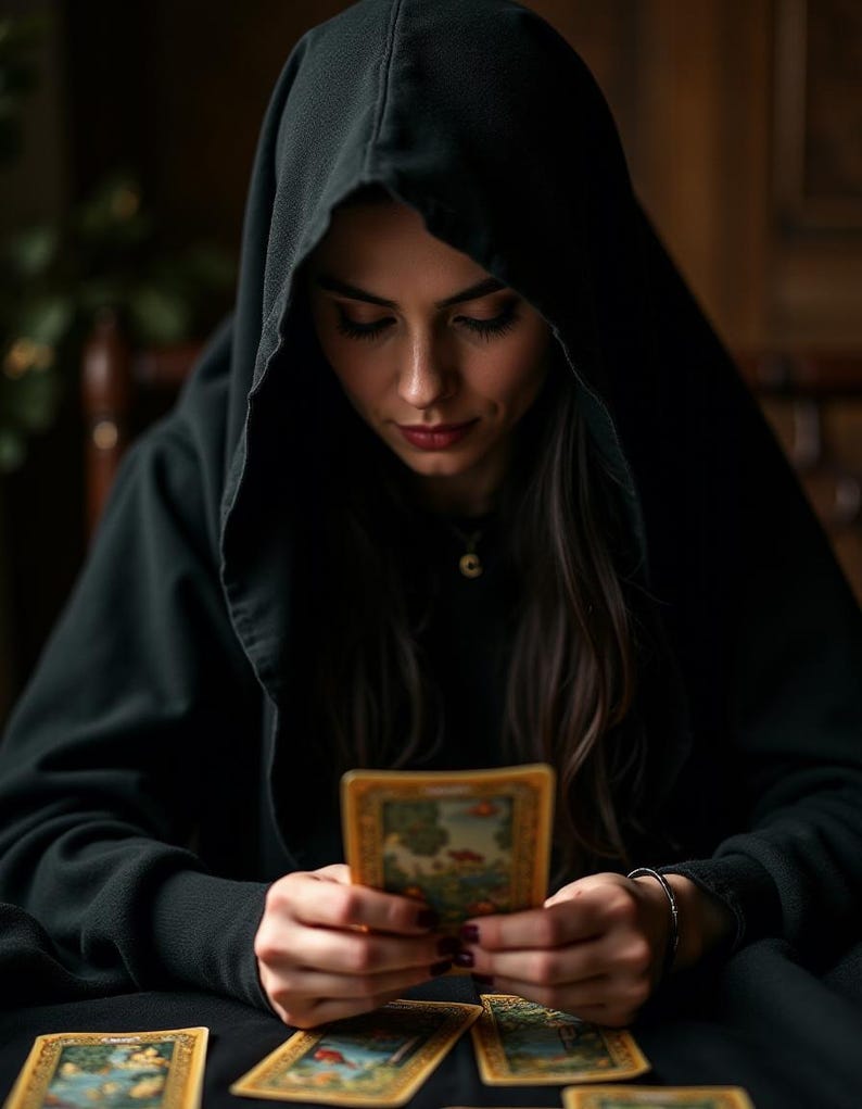 K&ouml;nnte beinhalten: Eine Person in einer schwarzen Kapuzenrobe liest Tarotkarten. Die Karten liegen auf einer dunklen Oberfl&auml;che ausgebreitet. Die Person schaut mit ernstem Gesichtsausdruck auf die Karten.