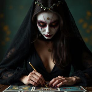 May include: A person with dramatic face paint and a black veil is seen consulting tarot cards. The person is wearing a black dress and a delicate headpiece. A gold pencil is held over the cards, suggesting a reading or divination session.