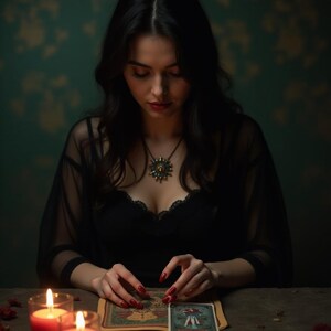 May include: A person in a black dress with a sun-shaped pendant, red nail polish, and long dark hair is reading tarot cards. Two lit red candles and scattered red petals are on the table. The background is a dark green color.
