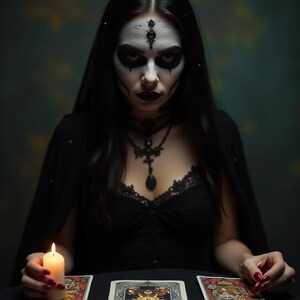 May include: A person with dramatic makeup and dark clothing sits at a table with tarot cards and a lit candle. The person is wearing a black lace top and a black cape. The tarot cards are colorful with intricate designs.