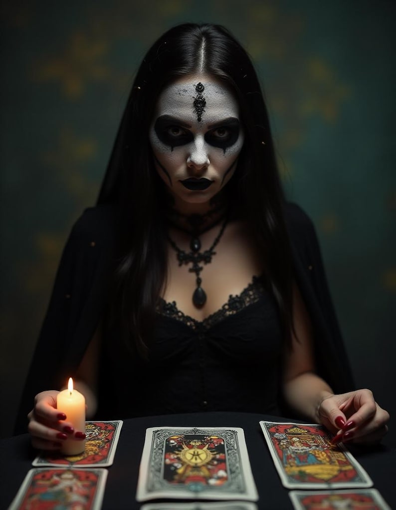 May include: A person with dramatic makeup and dark clothing sits at a table with tarot cards and a lit candle. The person is wearing a black lace top and a black cape. The tarot cards are colorful with intricate designs.