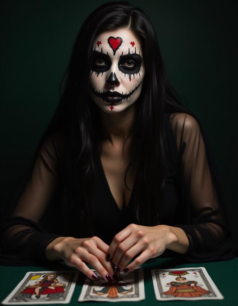 Pu&ograve; includere: Una donna con i capelli neri e un trucco a forma di teschio di zucchero &egrave; seduta a un tavolo con tre carte dei tarocchi disposte davanti a lei. Le carte sono rivolte verso l'alto e mostrano immagini di persone e simboli.