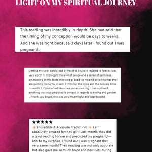May include: Image features text: "BEAUTIFUL COMMENTS FROM BEAUTIFUL SOULS THAT SHED LIGHT ON MY SPIRITUAL JOURNEY." Includes customer reviews about tarot readings, with positive feedback on accuracy and guidance. The background is a gradient of pink and purple.