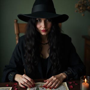 Pu&ograve; includere: Una donna con un cappello da strega nero e abiti neri &egrave; seduta a un tavolo con un libro di carte dei tarocchi aperto davanti a lei. Ci sono due candele accese e petali di rosa rossa sparsi sul tavolo.