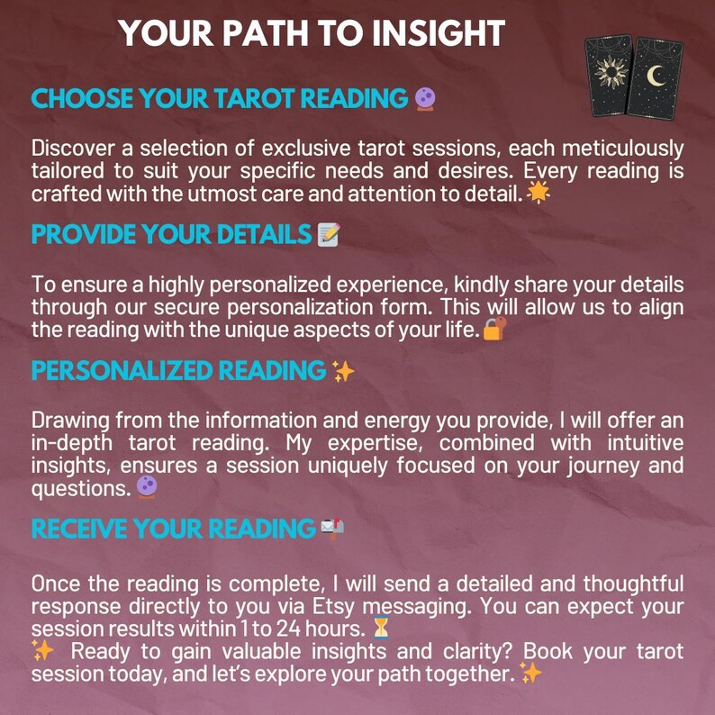 May include: A pink and purple graphic with the text "Your Path to Insight" and a description of how to get a personalized tarot reading. The graphic includes a tarot card with a sun and moon design.