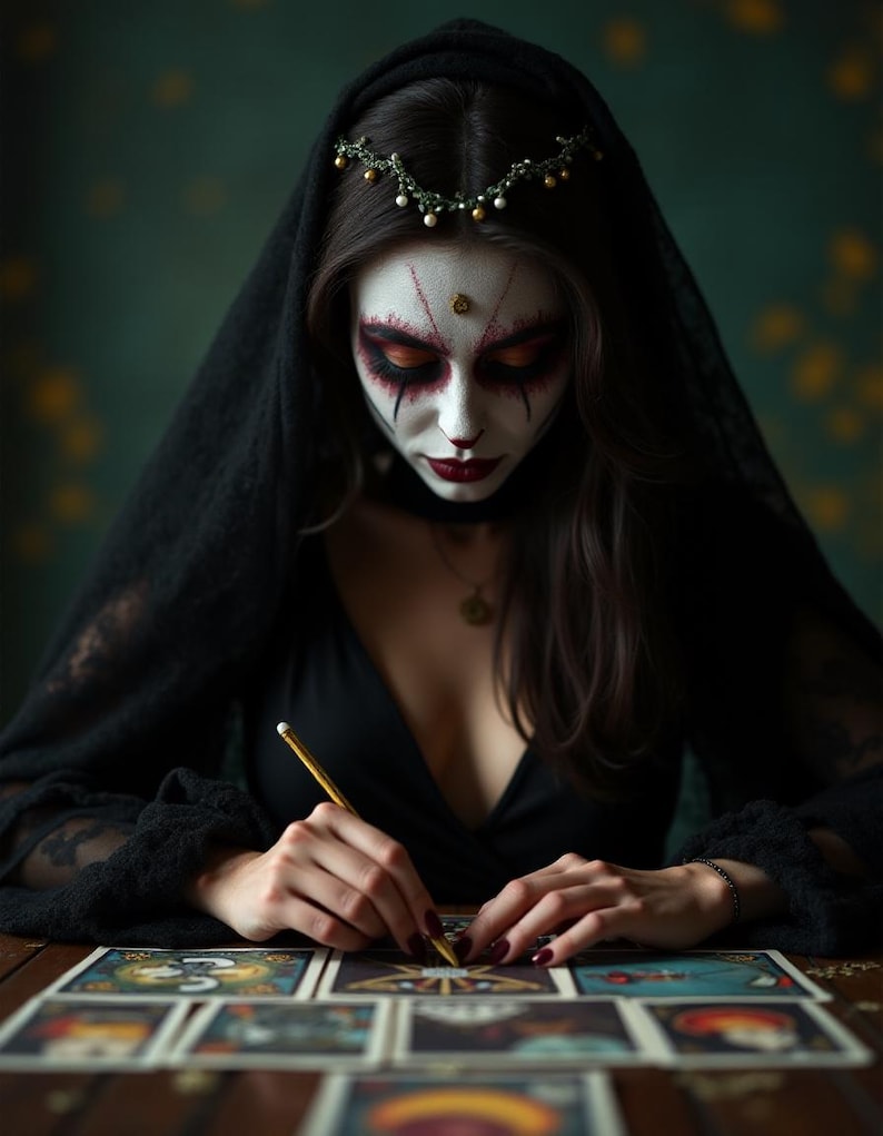 Pu&ograve; includere: Una donna con un velo nero e un trucco elaborato legge le carte dei tarocchi. Indossa un vestito nero e una collana d'oro. Le carte sono disposte su un tavolo di legno.