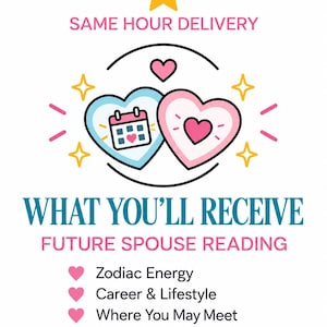 May include: A graphic featuring a yellow star, two hearts, and a calendar icon. Text reads: SAME HOUR DELIVERY, WHAT YOU'LL RECEIVE, FUTURE SPOUSE READING, Zodiac Energy, Career & Lifestyle, Where You May Meet, and Relationship Dynamic with pink hearts.