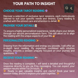 K&ouml;nnte beinhalten: Eine pink- und lilafarbene Grafik mit dem Text "Your Path to Insight" und "Choose Your Tarot Reading". Die Grafik enth&auml;lt auch eine Tarotkarte mit einem Sonnen- und Monddesign. Der Text beschreibt einen Tarot-Lesedienst.