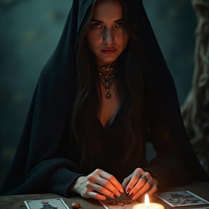 K&ouml;nnte beinhalten: Eine Frau in einer schwarzen Kapuzenrobe sitzt an einem Tisch mit einer brennenden Kerze und ausgelegten Tarotkarten vor sich. Sie h&auml;lt eine Karte in der Hand und blickt direkt auf den Betrachter.