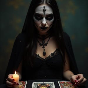 May include: A woman with dark hair and white face paint sits at a table with a lit candle and tarot cards spread out in front of her. The cards are face up and show various images.