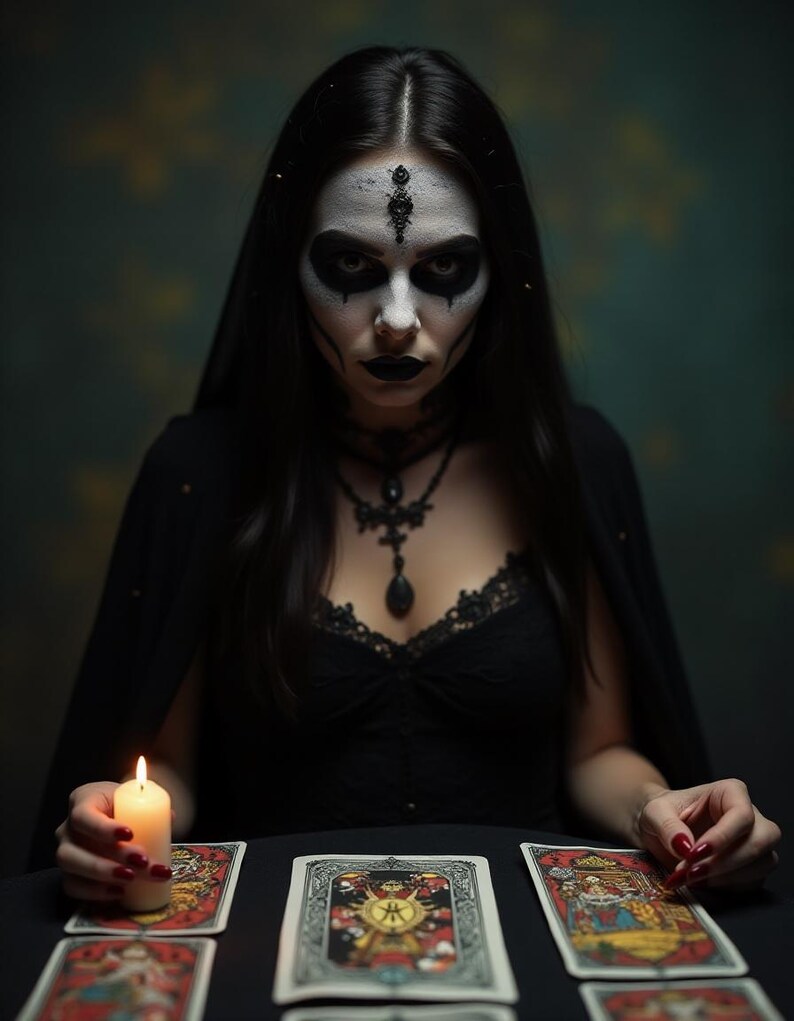 May include: A woman with dark hair and white face paint sits at a table with a lit candle and tarot cards spread out in front of her. The cards are face up and show various images.