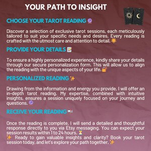 Pu&ograve; includere: Una grafica rosa e viola con il testo "Your Path to Insight" e "Choose Your Tarot Reading". La grafica include anche una carta dei tarocchi con un design di sole e luna. Il testo descrive un servizio di lettura dei tarocchi.