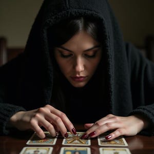 Pu&ograve; includere: Una persona con una felpa con cappuccio nero sta leggendo le carte dei tarocchi. Le carte sono disposte su un tavolo di legno. Le carte sono colorate e hanno immagini di persone e simboli.