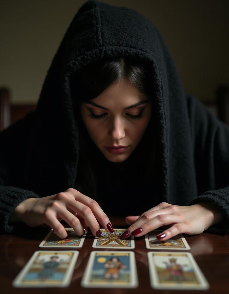 Pu&ograve; includere: Una persona con una felpa con cappuccio nero sta leggendo le carte dei tarocchi. Le carte sono disposte su un tavolo di legno. Le carte sono colorate e hanno immagini di persone e simboli.
