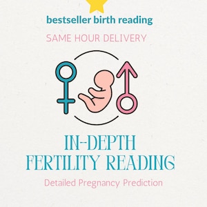 以下が含まれることがあります： 「bestseller birth reading」と「same hour delivery」のテキストが入ったイラスト。黄色い星、ピンクの胎児、青とピンクの性別記号が含まれています。「IN-DEPTH FERTILITY READING」のテキストも表示されています。